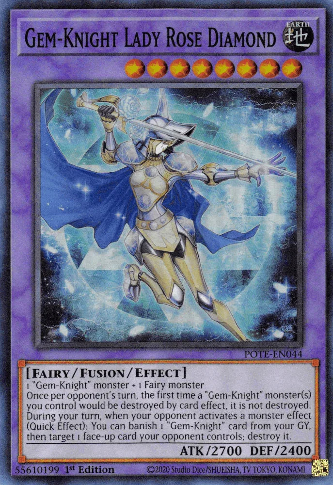 1st Edition, Earth, Fairy, Fusion/Effect Monster, Power of the Elements, Super Rare, Unlimited Gem-Knight Lady Rose Diamond [POTE-EN044] Super Rare - Trading Card World