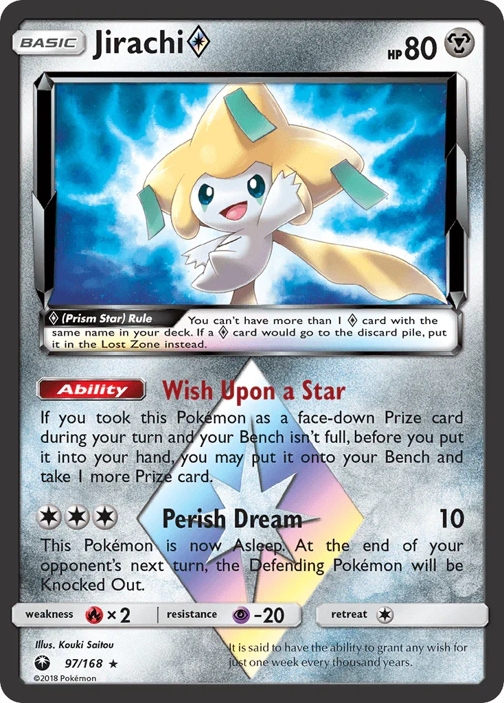 97, Fire[×2], Holo Rare, Holofoil, Metal, Psychic[-20], Sun & Moon: Celestial Storm Jirachi (97/168) (Prism Star) [Sun & Moon: Celestial Storm] - Trading Card World