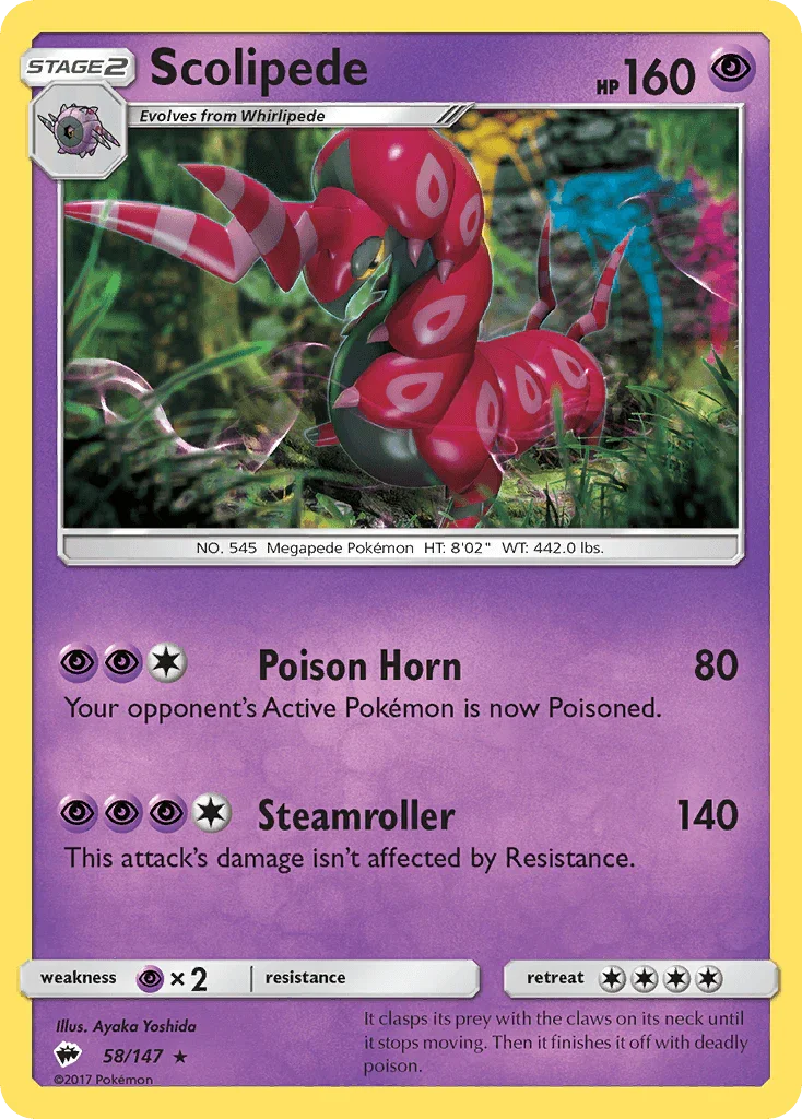 58, Normal, Psychic, Psychic[×2], Rare, Reverse Holofoil, Sun & Moon: Burning Shadows Scolipede (58/147) [Sun & Moon: Burning Shadows] - Trading Card World