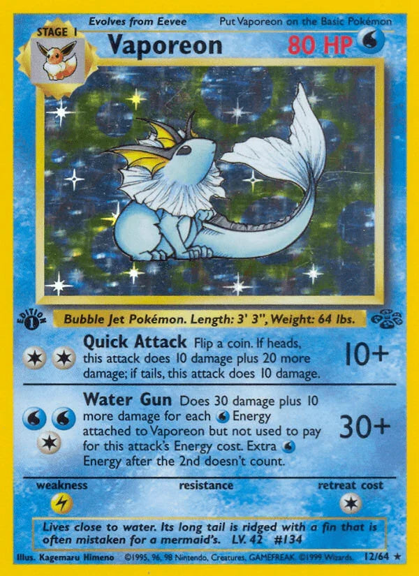 12, 1st Edition Holofoil, Holo Rare, Jungle 1st Edition, Lightning[×2], Water Vaporeon (12/64) [Jungle 1st Edition] - Trading Card World