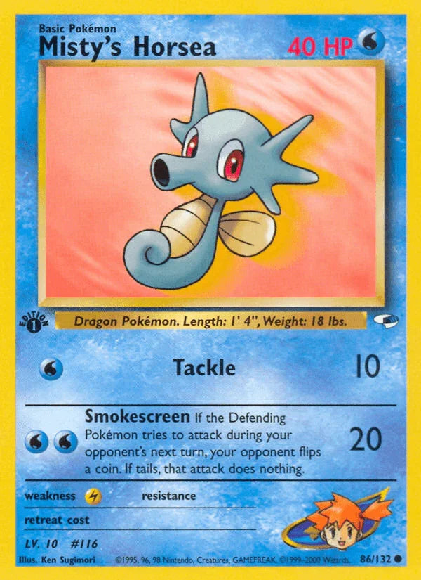 1st Edition Normal, 86, Common, Gym Heroes 1st Edition, Lightning[×2], Water Misty's Horsea (86/132) [Gym Heroes 1st Edition] - Trading Card World