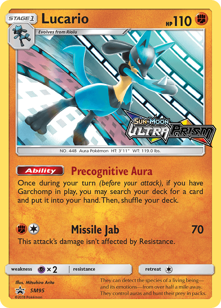 Fighting, Holofoil, Normal, Promo, Psychic [x2], SM95, Sun & Moon: Black Star Promos Lucario (SM95) (Prerelease Promo) [Sun & Moon: Black Star Promos] - Trading Card World