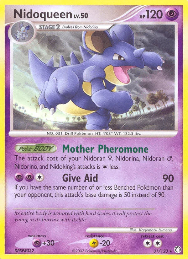 31, Diamond & Pearl: Mysterious Treasures, Lightning[-20], Normal, Psychic, Psychic[+30], Rare, Reverse Holofoil Nidoqueen (31/123) [Diamond & Pearl: Mysterious Treasures] - Trading Card World