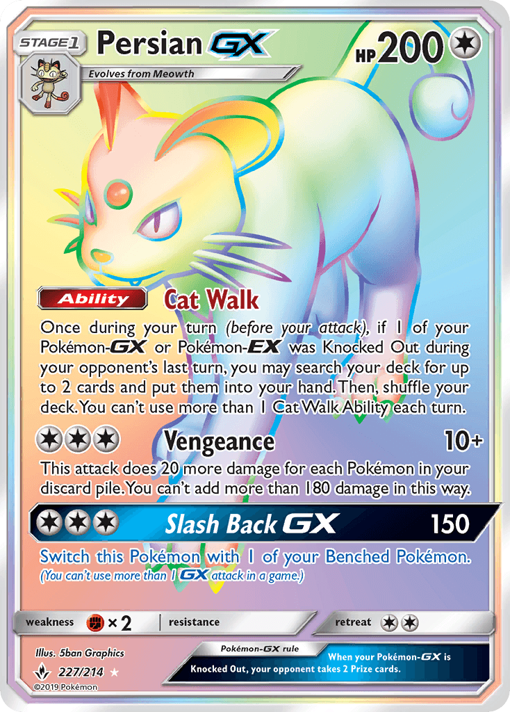 227, Colorless, Fighting[×2], Holofoil, Secret Rare, Sun & Moon: Unbroken Bonds Persian GX (227/214) [Sun & Moon: Unbroken Bonds] - Trading Card World