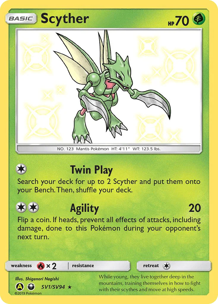 Fire[×2], Grass, Holofoil, Sun & Moon: Hidden Fates - Shiny Vault, SV1, Ultra Rare Scyther (SV1/SV94) [Sun & Moon: Hidden Fates - Shiny Vault] - Trading Card World