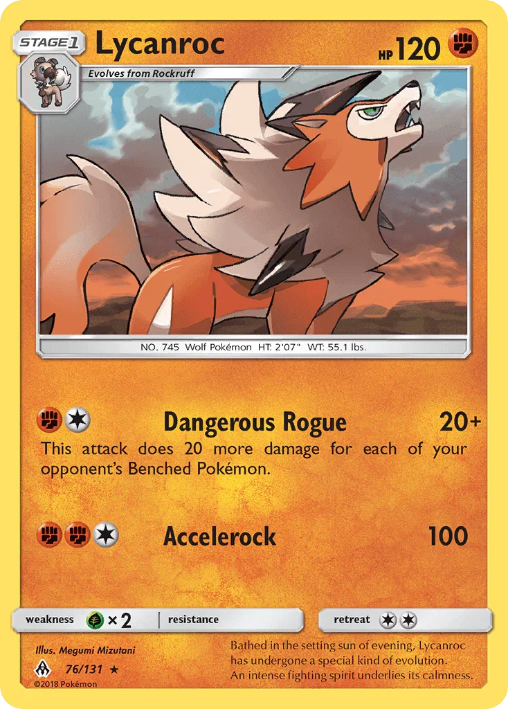 76, Fighting, Grass[×2], Normal, Rare, Reverse Holofoil, Sun & Moon: Forbidden Light Lycanroc (76/131) [Sun & Moon: Forbidden Light] - Trading Card World