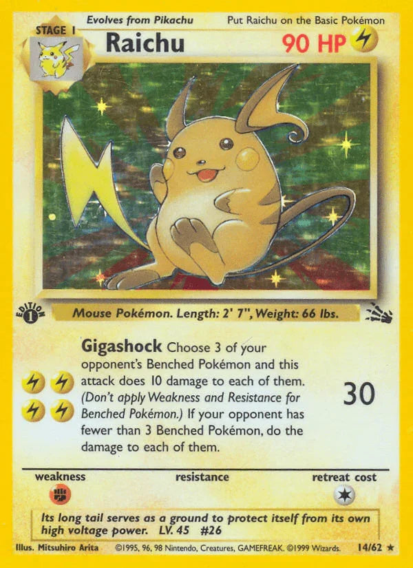 14, 1st Edition Holofoil, Fighting[×2], Fossil 1st Edition, Holo Rare, Lightning Raichu (14/62) [Fossil 1st Edition] - Trading Card World