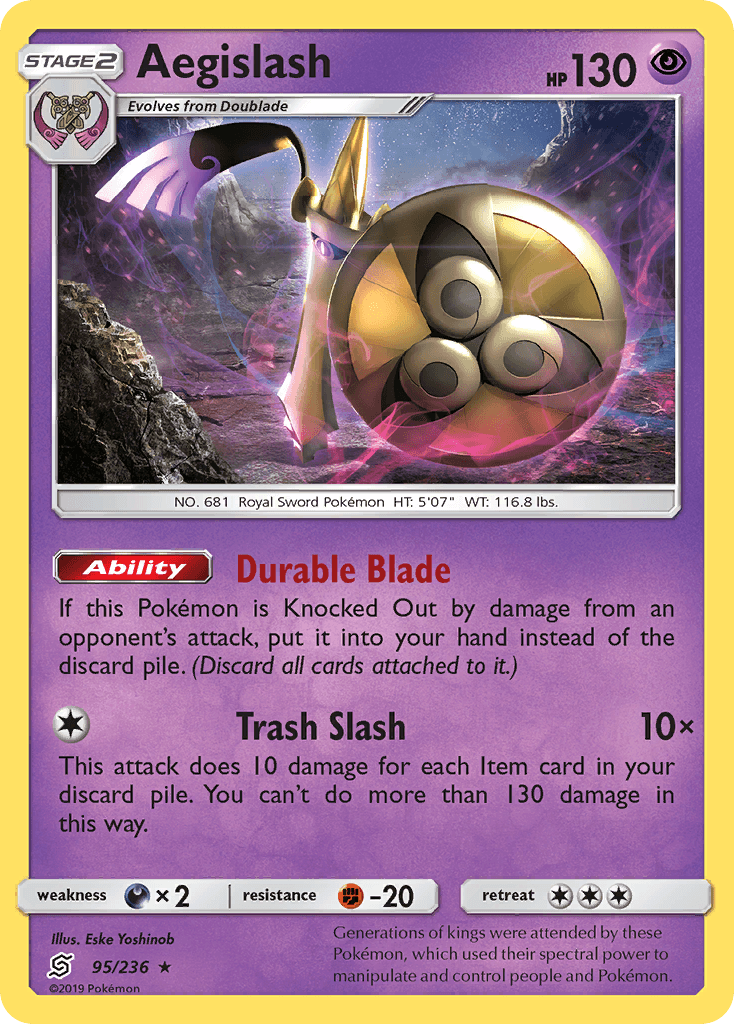 95, Darkness[×2], Fighting[-20], Holo Rare, Holofoil, Psychic, Reverse Holofoil, Sun & Moon: Unified Minds Aegislash (95/236) [Sun & Moon: Unified Minds] - Trading Card World
