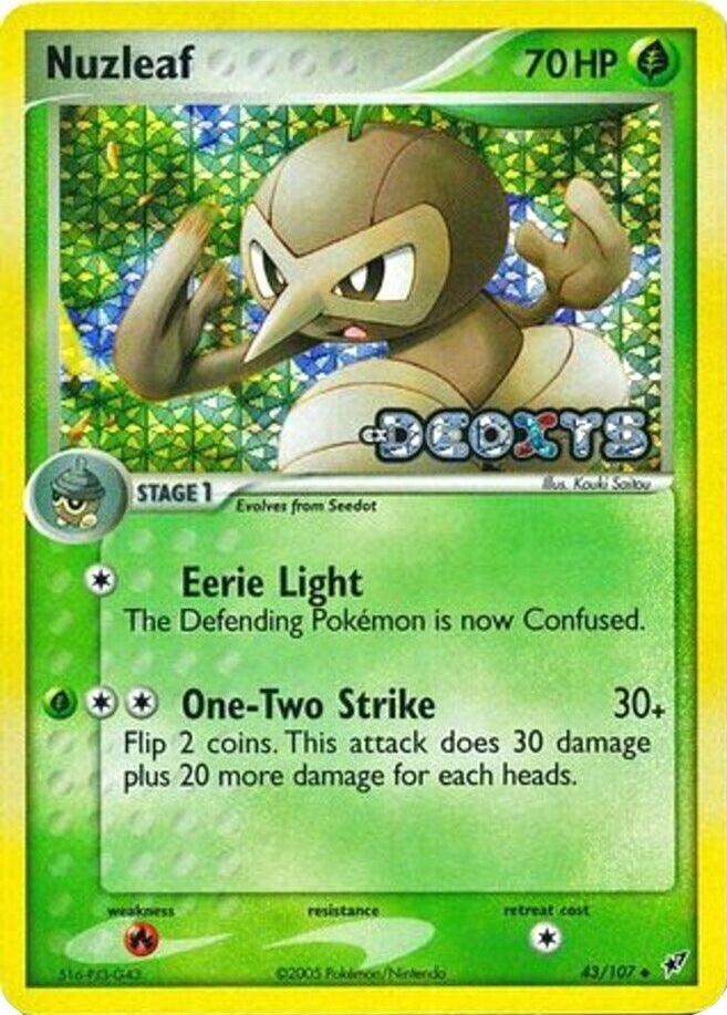 43, EX: Deoxys, Fire[×2], Grass, Reverse Holofoil, Uncommon Nuzleaf (43/107) (Stamped) [EX: Deoxys] - Trading Card World