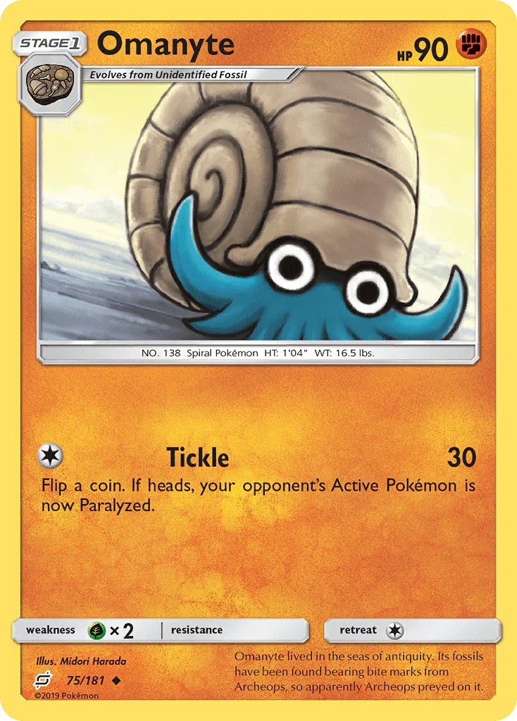 75, Fighting, Grass[×2], Normal, Reverse Holofoil, Sun & Moon: Team Up, Uncommon Omanyte (75/181) [Sun & Moon: Team Up] - Trading Card World