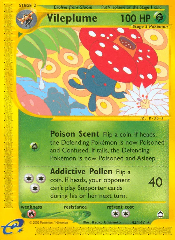 43, Aquapolis, Fire[×2], Grass, Normal, Rare, Reverse Holofoil Vileplume (43/147) [Aquapolis] - Trading Card World