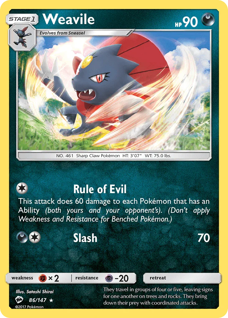 86, Darkness, Fighting[×2], Normal, Psychic[-20], Rare, Reverse Holofoil, Sun & Moon: Burning Shadows Weavile (86/147) [Sun & Moon: Burning Shadows] - Trading Card World