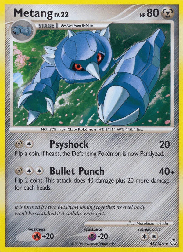 65, Diamond & Pearl: Legends Awakened, Fire[+20], Metal, Normal, Psychic[-20], Reverse Holofoil, Uncommon Metang (65/146) [Diamond & Pearl: Legends Awakened] - Trading Card World