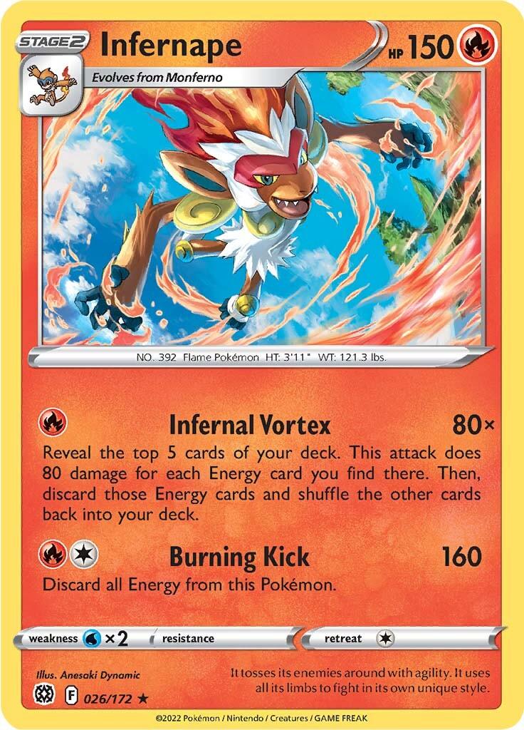 026, Fire, Holo Rare, Normal, Sword & Shield: Brilliant Stars, Water [x2] Infernape (026/172) (Theme Deck Exclusive) [Sword & Shield: Brilliant Stars] - Trading Card World