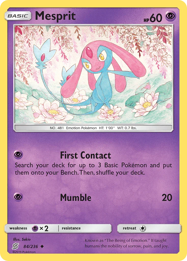 84, Normal, Psychic, Psychic[×2], Reverse Holofoil, Sun & Moon: Unified Minds, Uncommon Mesprit (84/236) [Sun & Moon: Unified Minds] - Trading Card World