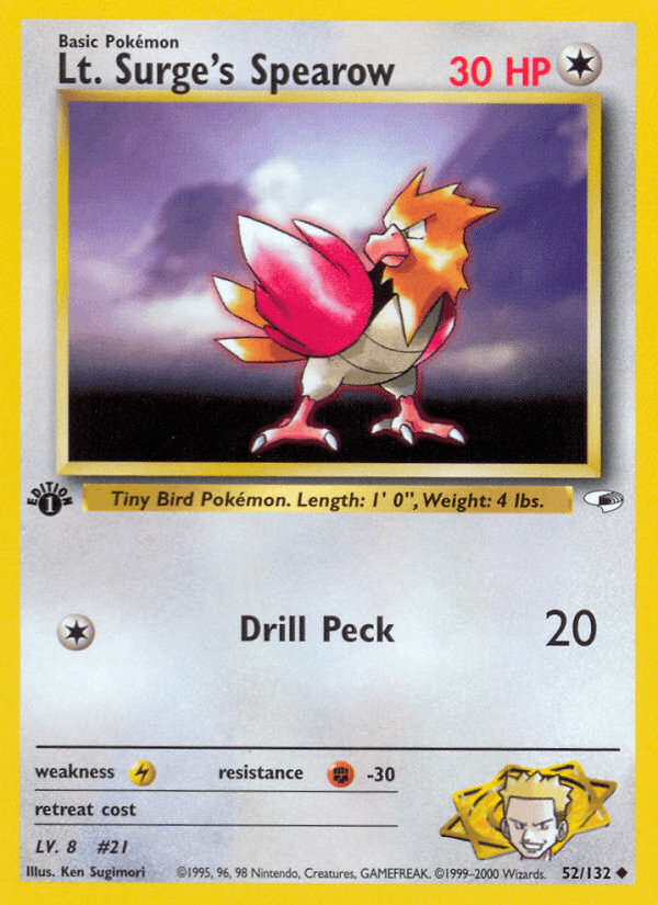 1st Edition Normal, 52, Colorless, Fighting[-30], Gym Heroes 1st Edition, Lightning[×2], Uncommon Lt. Surge's Spearow (52/132) [Gym Heroes 1st Edition] - Trading Card World