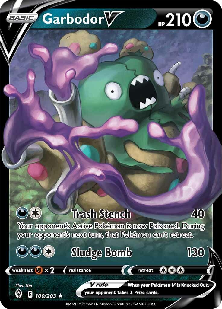100, Darkness, Fighting [x2], Holofoil, Sword & Shield: Evolving Skies, Ultra Rare Garbodor V (100/203) [Sword & Shield: Evolving Skies] - Trading Card World