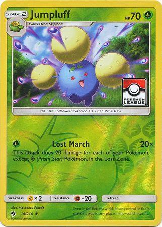 14, Fighting[-20], Grass, Lightning[×2], Promo, Reverse Holofoil, Sun & Moon: Lost Thunder Jumpluff (14/214) (League Promo) [Sun & Moon: Lost Thunder] - Trading Card World