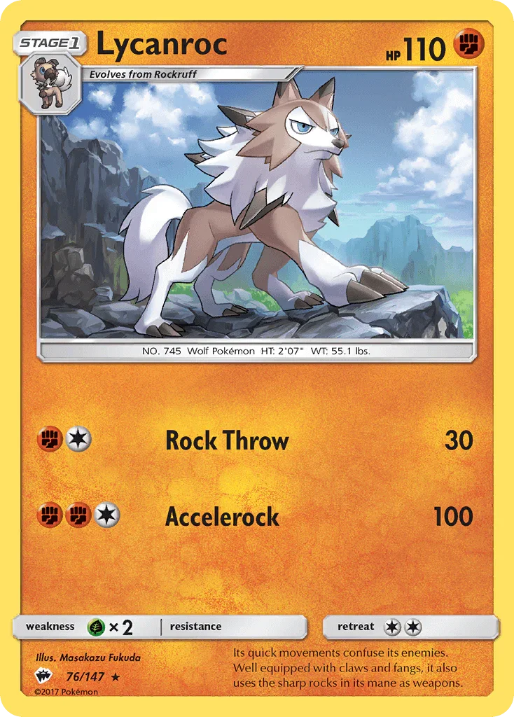 76, Fighting, Grass[×2], Normal, Rare, Reverse Holofoil, Sun & Moon: Burning Shadows Lycanroc (76/147) [Sun & Moon: Burning Shadows] - Trading Card World