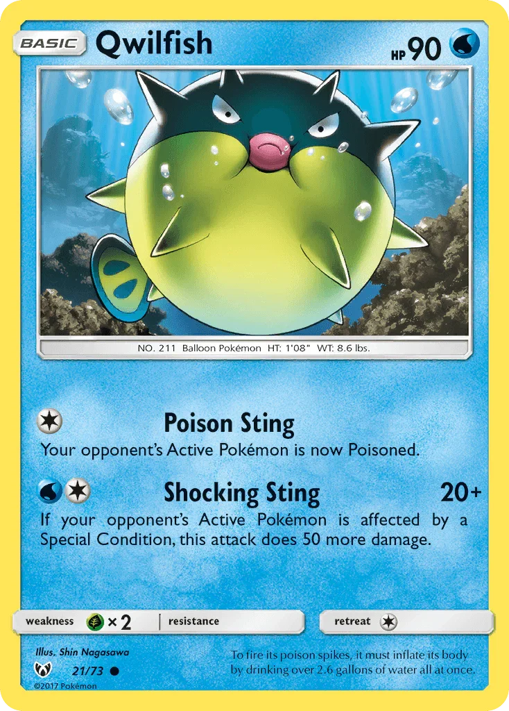 21, Common, Grass[×2], Normal, Reverse Holofoil, Sun & Moon: Shining Legends, Water Qwilfish (21/73) [Sun & Moon: Shining Legends] - Trading Card World