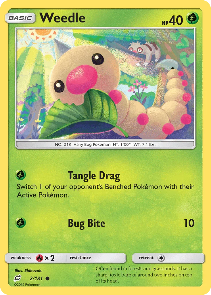 Common, Fire[×2], Grass, Normal, Reverse Holofoil, Sun & Moon: Team Up Weedle (2/181) [Sun & Moon: Team Up] - Trading Card World