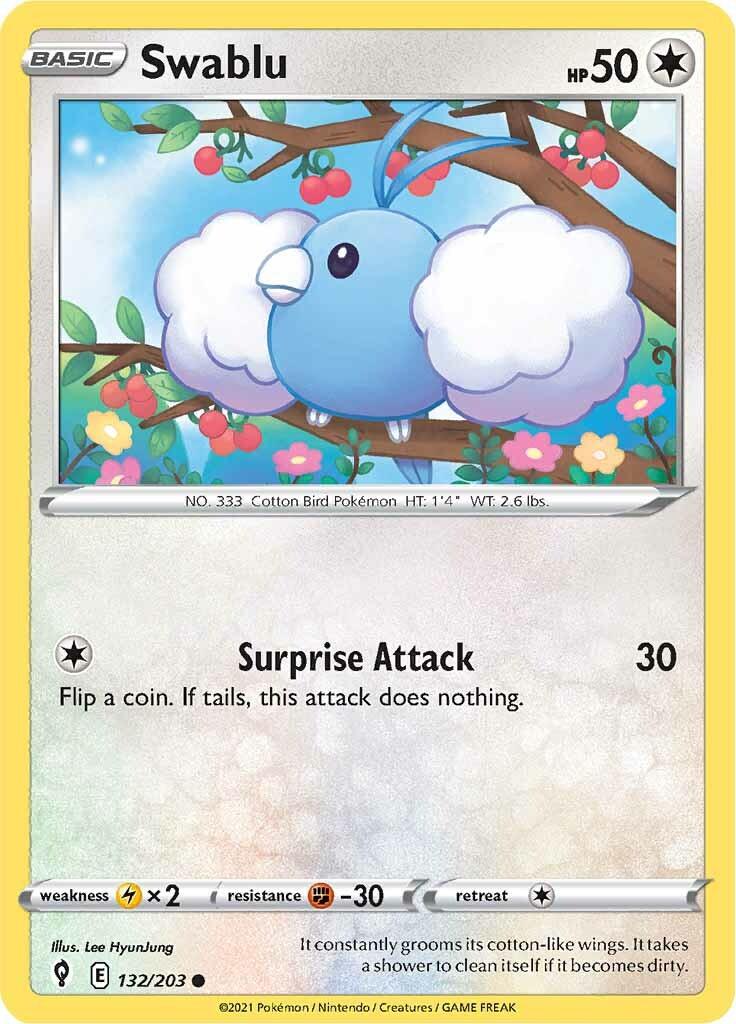 132, Colorless, Common, Fighting [-30], Lightning [x2], Normal, Reverse Holofoil, Sword & Shield: Evolving Skies Swablu (132/203) [Sword & Shield: Evolving Skies] - Trading Card World