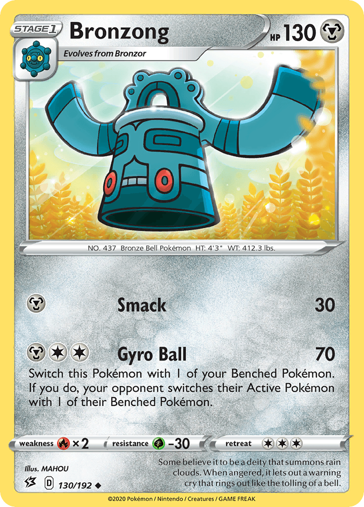 130, Fire[×2], Grass[-30], Metal, Normal, Reverse Holofoil, Sword & Shield: Rebel Clash, Uncommon Bronzong (130/192) [Sword & Shield: Rebel Clash] - Trading Card World