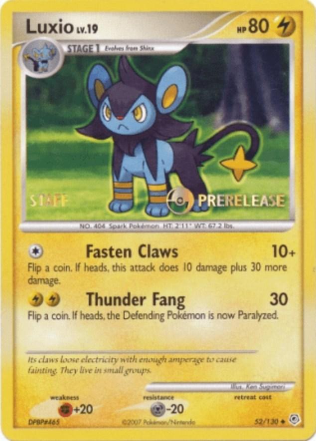 52, Fighting[+20], Lightning, Metal[-20], Nintendo: Black Star Promos, Normal, Promo Luxio (52/130) (Prerelease Promo Staff) [Nintendo: Black Star Promos] - Trading Card World