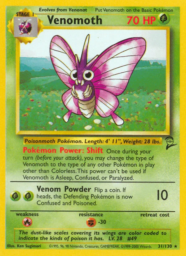 31, Base Set 2, Fighting[-30], Fire[×2], Grass, Normal, Rare Venomoth (31/130) [Base Set 2] - Trading Card World