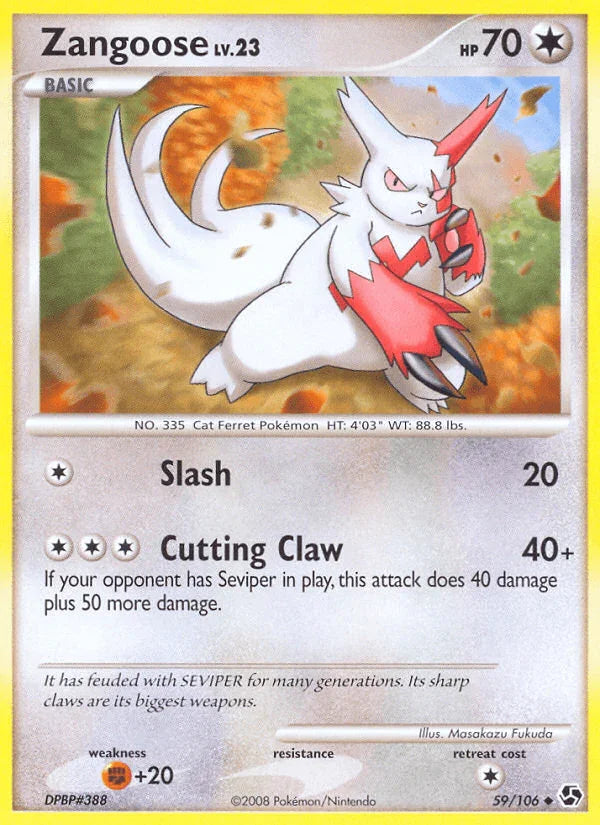 59, Colorless, Diamond & Pearl: Great Encounters, Fighting[+20], Normal, Reverse Holofoil, Uncommon Zangoose (59/106) [Diamond & Pearl: Great Encounters] - Trading Card World