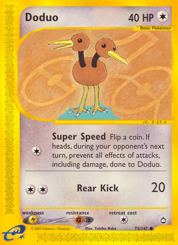 73, Aquapolis, Colorless, Common, Fighting[-30], Lightning[×2], Normal, Reverse Holofoil Doduo (73/147) [Aquapolis] - Trading Card World