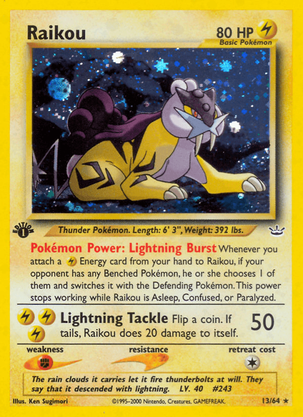 13, 1st Edition Holofoil, Fighting[×2], Holo Rare, Lightning, Neo Revelation 1st Edition Raikou (13/64) [Neo Revelation 1st Edition] - Trading Card World