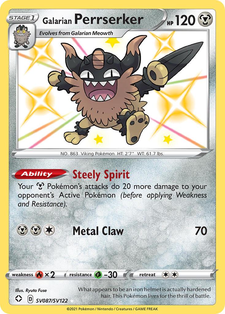 Fire[×2], Grass[-30], Holofoil, Metal, SV087, Sword & Shield: Shining Fates, Ultra Rare Galarian Perrserker (SV087/SV122) [Sword & Shield: Shining Fates] - Trading Card World