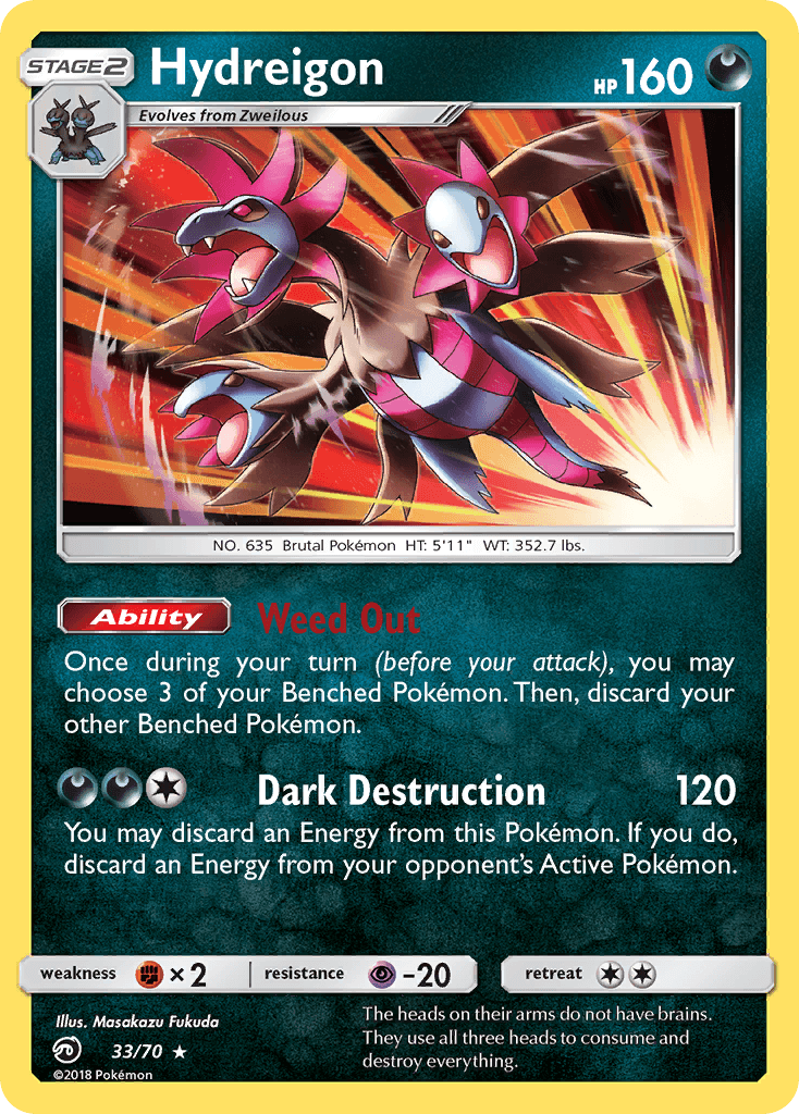 33, Darkness, Fighting[×2], Holo Rare, Holofoil, Psychic[-20], Reverse Holofoil, Sun & Moon: Dragon Majesty Hydreigon (33/70) [Sun & Moon: Dragon Majesty] - Trading Card World