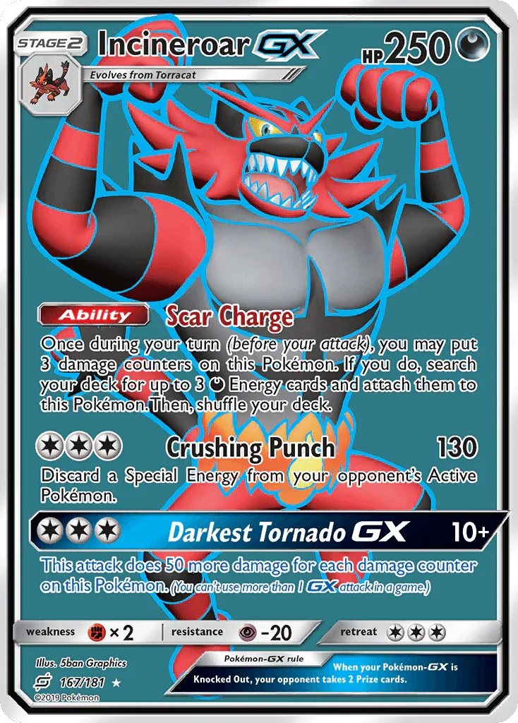 167, Darkness, Fighting[×2], Holofoil, Psychic[-20], Sun & Moon: Team Up, Ultra Rare Incineroar GX (167/181) [Sun & Moon: Team Up] - Trading Card World