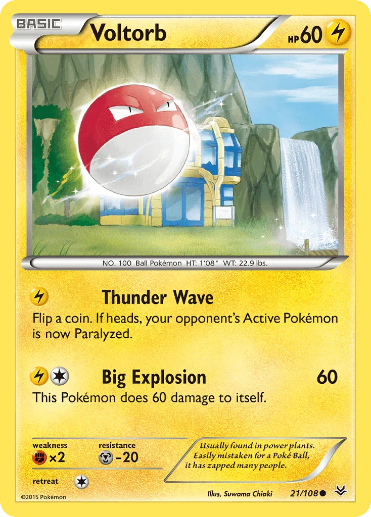 21, Common, Fighting[×2], Lightning, Metal[-20], Normal, Reverse Holofoil, XY: Roaring Skies Voltorb (21/108) [XY: Roaring Skies] - Trading Card World