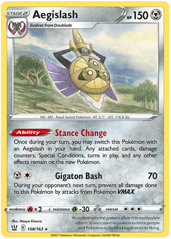 108, Fire[x2], Grass[-30], Metal, Normal, Rare, Reverse Holofoil, Sword & Shield: Battle Styles Aegislash (108/163) [Sword & Shield: Battle Styles] - Trading Card World