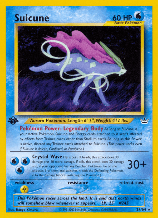 1st Edition Normal, 27, Lightning[×2], Neo Revelation 1st Edition, Rare, Water Suicune (27/64) [Neo Revelation 1st Edition] - Trading Card World
