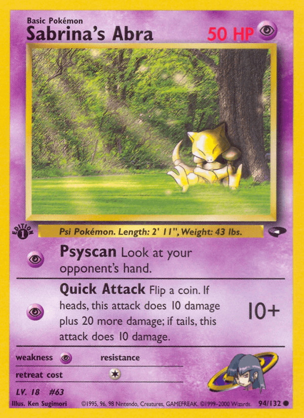 1st Edition Normal, 94, Common, Gym Challenge 1st Edition, Psychic, Psychic[×2] Sabrina's Abra (94/132) [Gym Challenge 1st Edition] - Trading Card World