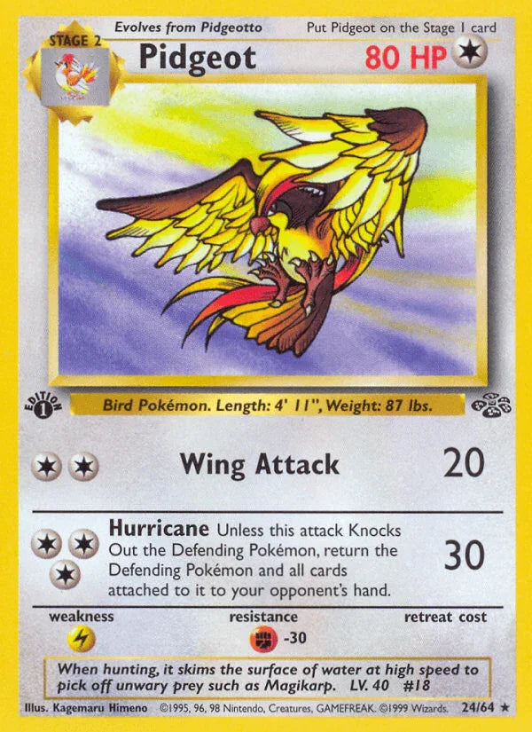 1st Edition Normal, 24, Colorless, Fighting[-30], Jungle 1st Edition, Lightning[×2], Rare Pidgeot (24/64) [Jungle 1st Edition] - Trading Card World