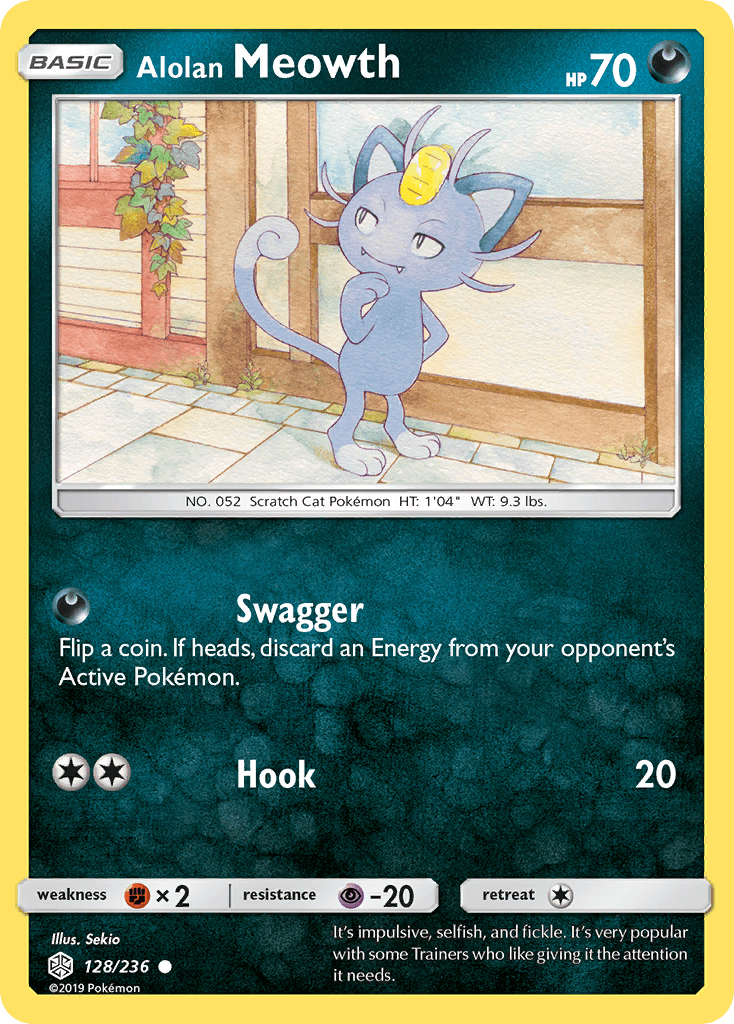 128, Common, Darkness, Fighting[×2], Normal, Psychic[-20], Reverse Holofoil, Sun & Moon: Cosmic Eclipse Alolan Meowth (128/236) [Sun & Moon: Cosmic Eclipse] - Trading Card World