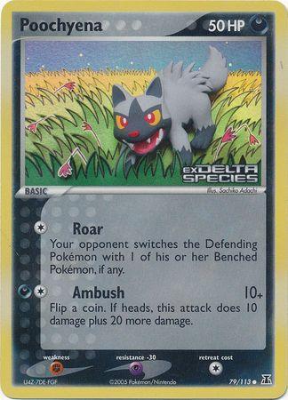 79, Common, Darkness, EX: Delta Species, Fighting[×2], Psychic[-30], Reverse Holofoil Poochyena (79/113) (Stamped) [EX: Delta Species] - Trading Card World