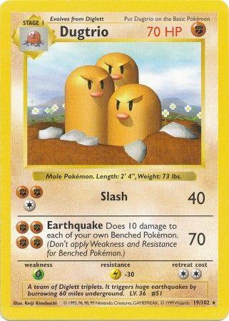 19, Base Set Shadowless Unlimited, Fighting, Grass[×2], Lightning[-30], Normal, Rare Dugtrio (19/102) [Base Set Shadowless Unlimited] - Trading Card World