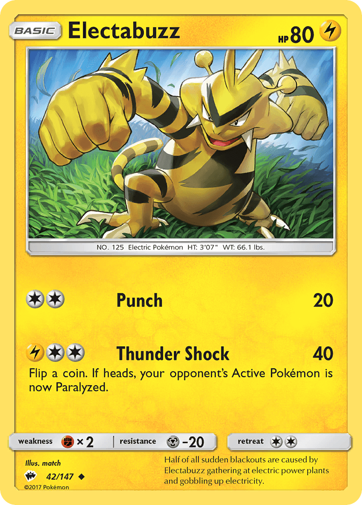 42, Fighting[×2], Lightning, Metal[-20], Normal, Reverse Holofoil, Sun & Moon: Burning Shadows, Uncommon Electabuzz (42/147) [Sun & Moon: Burning Shadows] - Trading Card World