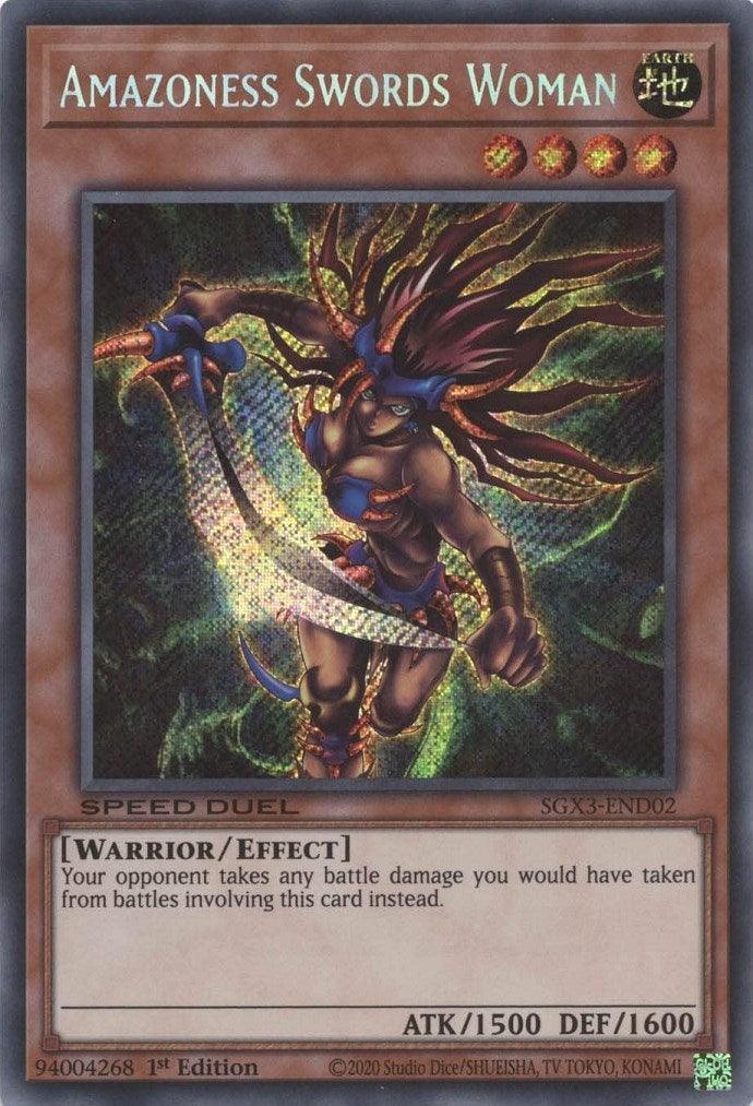 1st Edition, Earth, Effect Monster, Secret Rare, Speed Duel GX: Duelists of Shadows, Warrior Amazoness Swords Woman [SGX3-END02] Secret Rare - Trading Card World