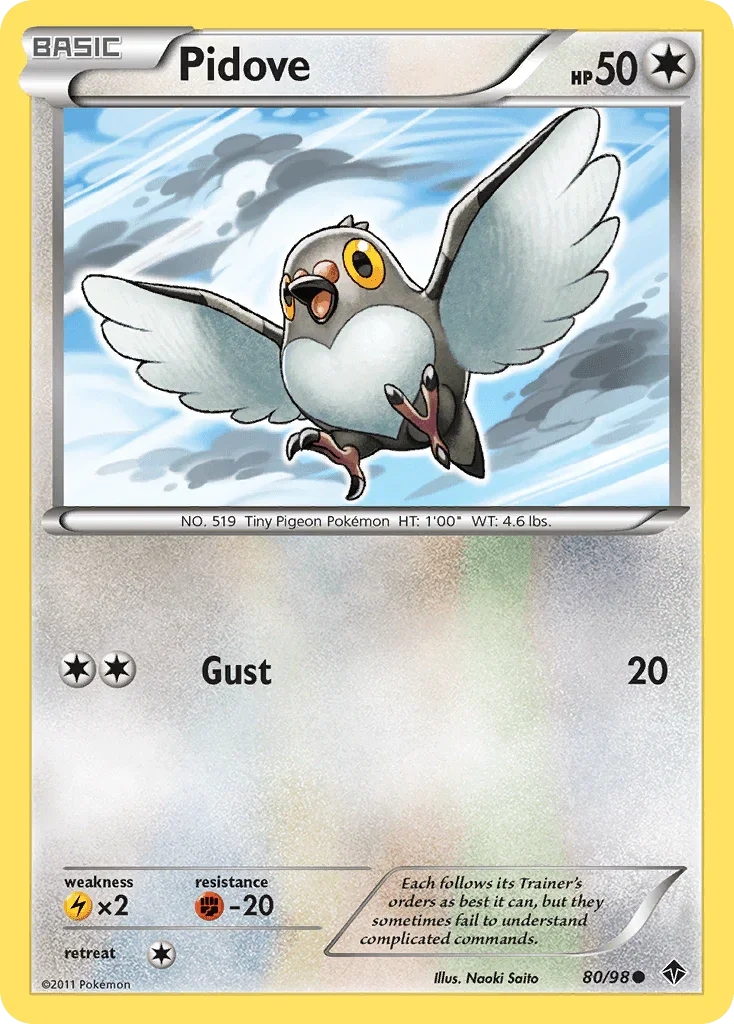 80, Black & White: Emerging Powers, Colorless, Common, Fighting[-20], Lightning[×2], Normal, Reverse Holofoil Pidove (80/98) [Black & White: Emerging Powers] - Trading Card World