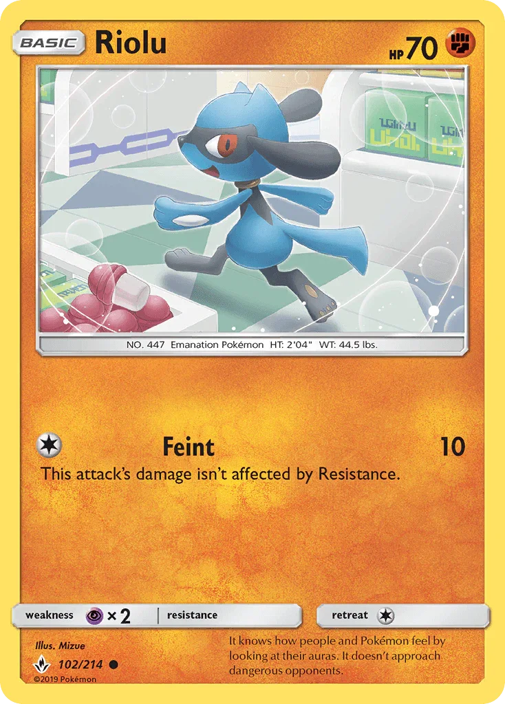 102, Common, Fighting, Normal, Psychic[×2], Reverse Holofoil, Sun & Moon: Unbroken Bonds Riolu (102/214) [Sun & Moon: Unbroken Bonds] - Trading Card World