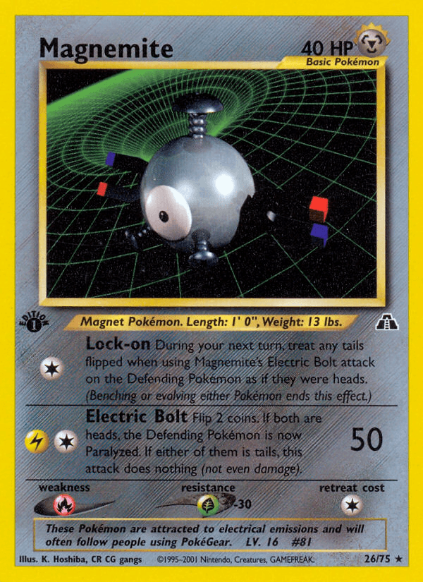 1st Edition Normal, 26, Fire[×2], Grass[-30], Metal, Neo Discovery 1st Edition, Rare Magnemite (26/75) [Neo Discovery 1st Edition] - Trading Card World