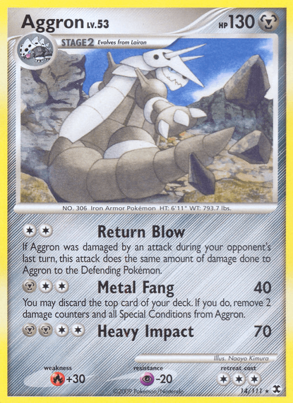 14, Fire[+30], Metal, Normal, Platinum: Rising Rivals, Psychic[-20], Rare, Reverse Holofoil Aggron (14/111) [Platinum: Rising Rivals] - Trading Card World
