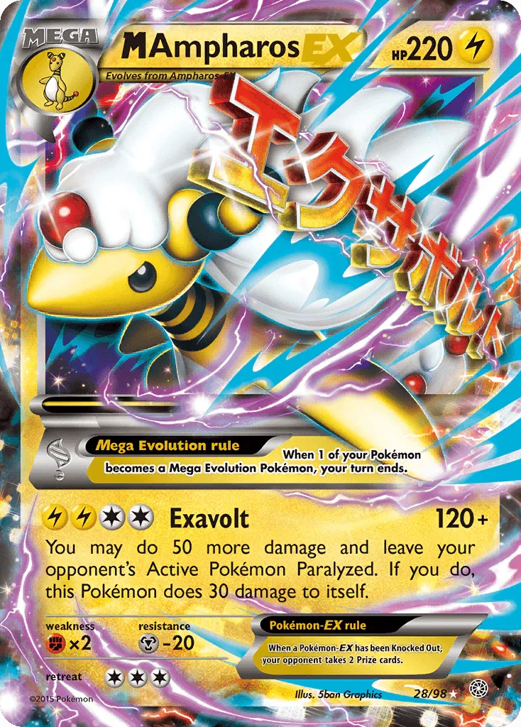 28, Fighting[×2], Holofoil, Lightning, Metal[-20], Ultra Rare, XY: Ancient Origins M Ampharos EX (28/98) [XY: Ancient Origins] - Trading Card World